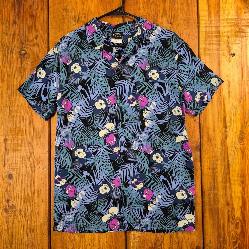 Disney Mickey Mouse Tropical Palm Button Down Shirt Size Small Black Blue Rayon - Picture 1 of 8